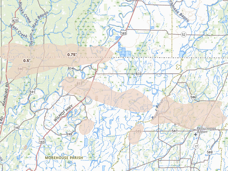 Radar-estimated hail-size map of the storm over Jones, LA on May 8, 2026