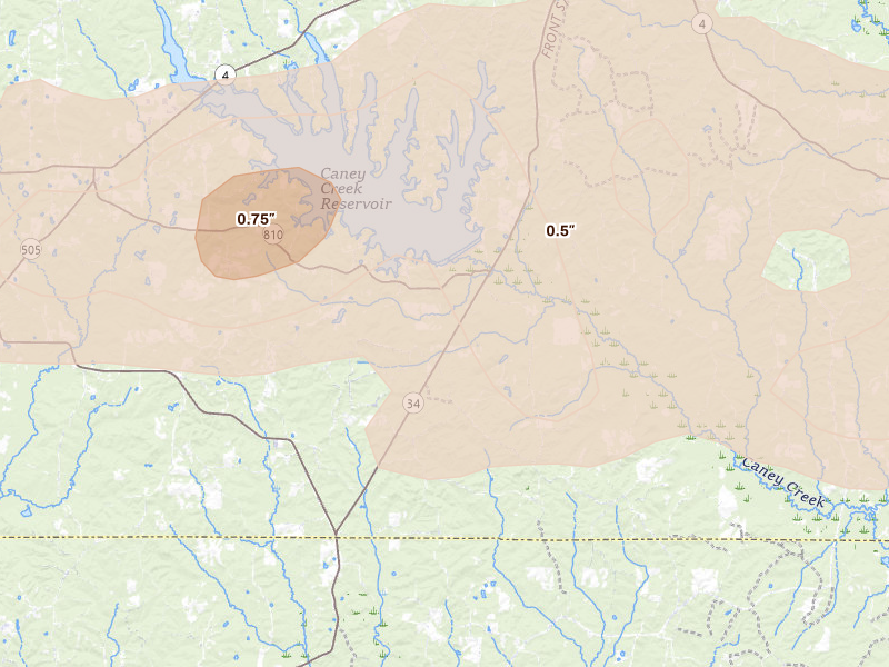 Radar-estimated hail-size map of the storm over Jonesboro, LA on May 8, 2026
