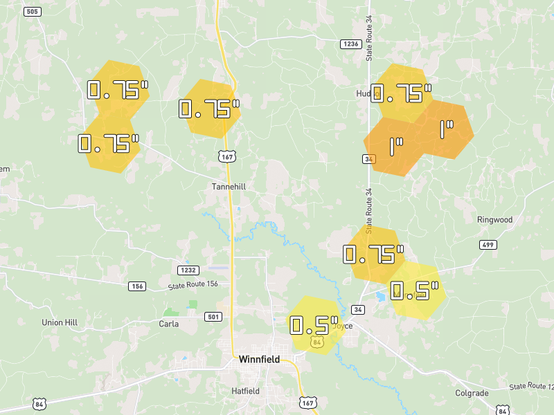 Hail map of Jonesboro, LA on Jun 2, 2026, hail up to 1"