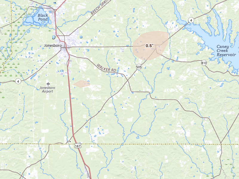 Radar-estimated hail-size map of the storm over Jonesboro, LA on Aug 8, 2026