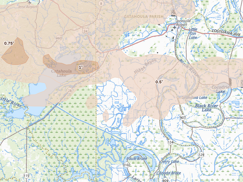 Radar-estimated hail-size map of the storm over Jonesville, LA on Mar 15, 2026