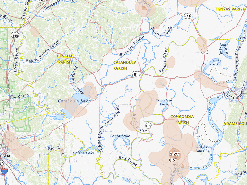 Radar-estimated hail-size map of the storm over Jonesville, LA on Aug 21, 2026