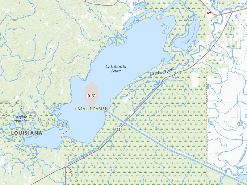 Radar-estimated hail-size map of the storm over Jonesville, LA on Aug 23, 2026