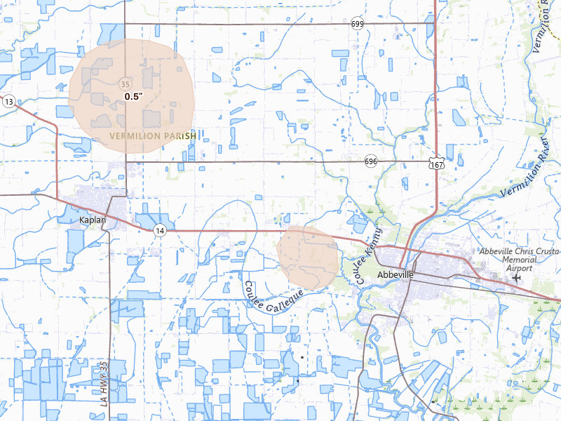 Radar-estimated hail-size map of the storm over Kaplan, LA on May 10, 2026