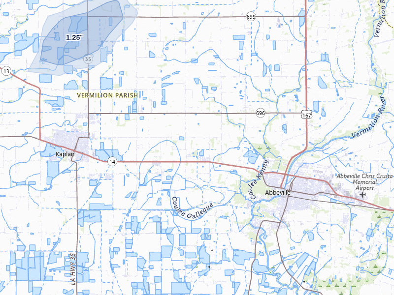 NEXRAD radar-signature map of the hail storm over Kaplan, LA on May 10, 2026