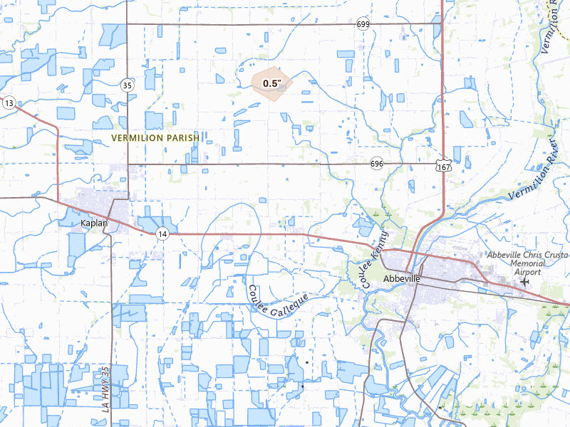 Radar-estimated hail-size map of the storm over Kaplan, LA on Jun 2, 2026
