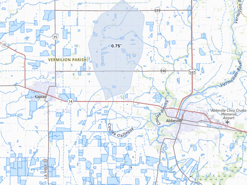 NEXRAD radar-signature map of the hail over Kaplan, LA