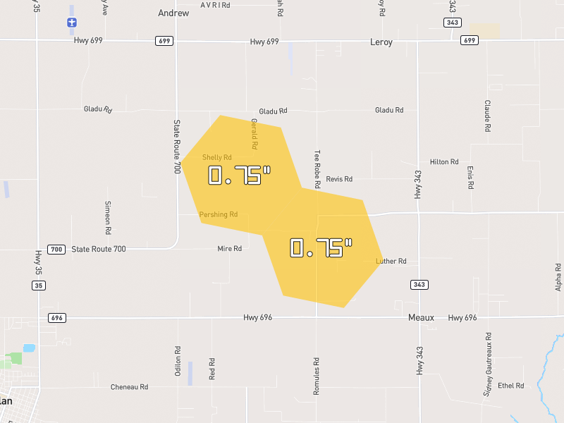 Hail map of Kaplan, LA on Jun 2, 2026, hail up to 0.75"