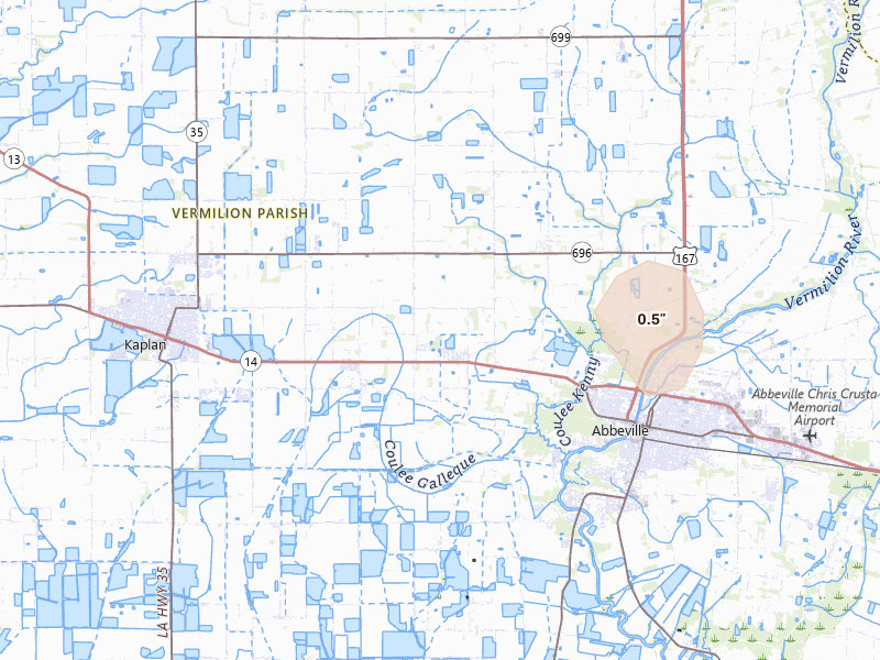 Radar-estimated hail-size map of the storm over Kaplan, LA on Jul 7, 2026