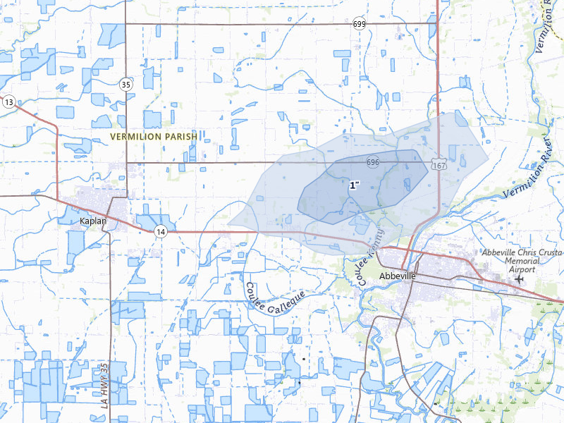 NEXRAD radar-signature map of the hail storm over Kaplan, LA on Jul 7, 2026