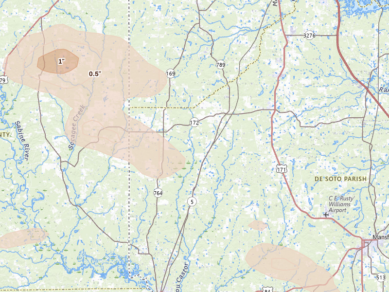 Radar-estimated hail-size map of the storm over Keatchie, LA on Apr 29, 2026