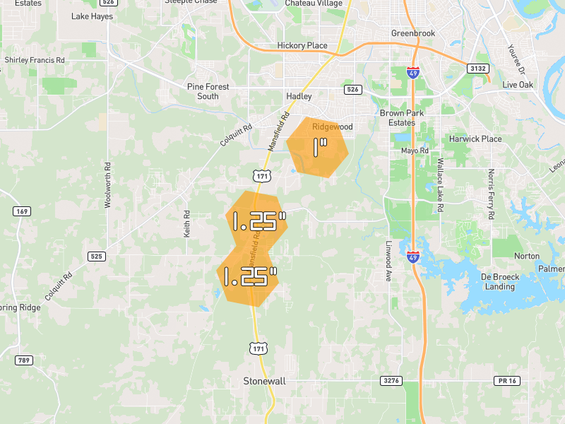 Hail map of Keithville, LA on Jul 6, 2026, hail up to 1.25"