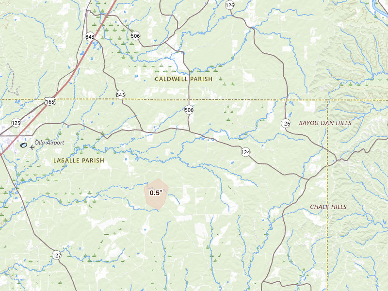 Radar-estimated hail-size map of the storm over Kelly, LA on Jun 1, 2026