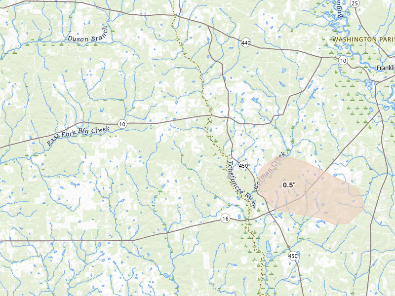 Radar-estimated hail-size map of the storm over Kentwood, LA on Apr 26, 2026