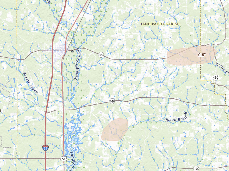 Radar-estimated hail-size map of the storm over Kentwood, LA on Aug 18, 2026