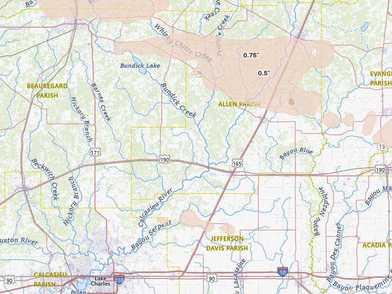 Radar-estimated hail-size map of the storm over Kinder, LA on Mar 15, 2026