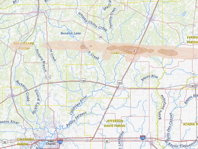 Radar-estimated hail-size map of the storm over Kinder, LA on May 8, 2026
