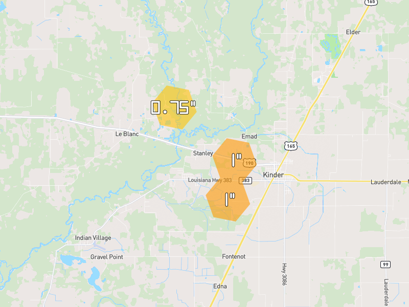 Hail map of Kinder, LA on Jun 3, 2026, hail up to 1"