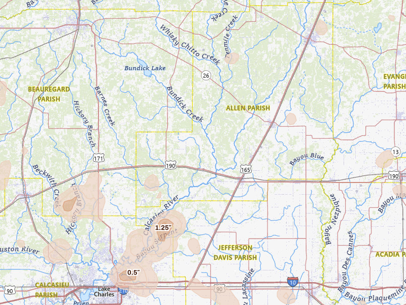Radar-estimated hail-size map of the storm over Kinder, LA on Jul 5, 2026