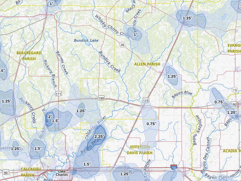 NEXRAD radar-signature map of the hail storm over Kinder, LA on Jul 5, 2026