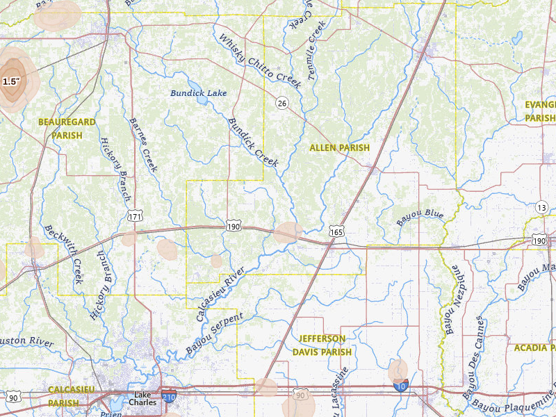Radar-estimated hail-size map of the storm over Kinder, LA on Jul 7, 2026