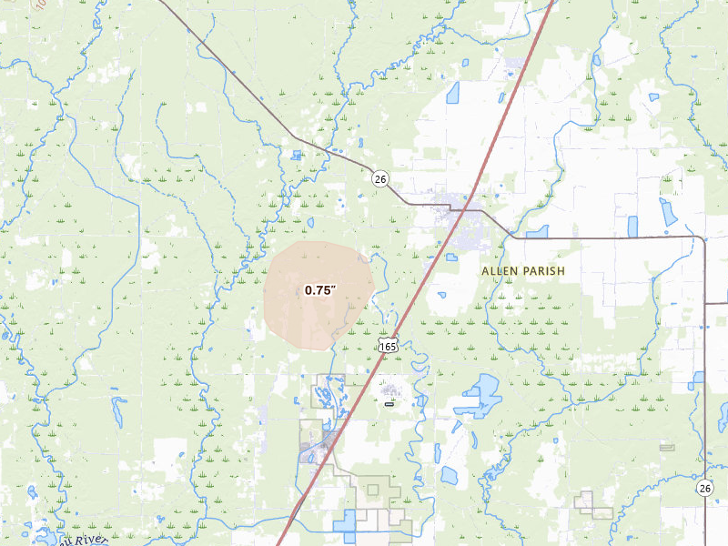 Radar-estimated hail-size map of the storm over Kinder, LA on Aug 21, 2026