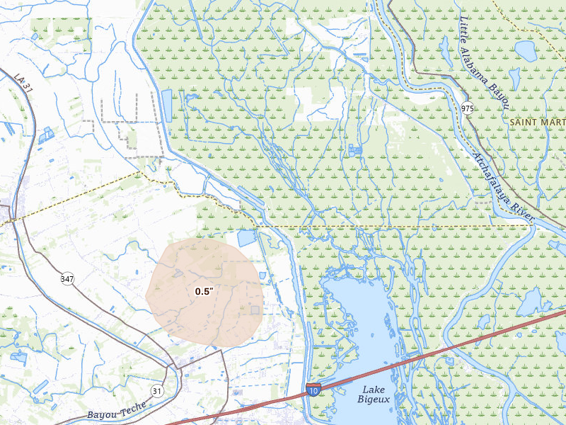 Radar-estimated hail-size map of the storm over Krotz Springs, LA on Jul 7, 2026