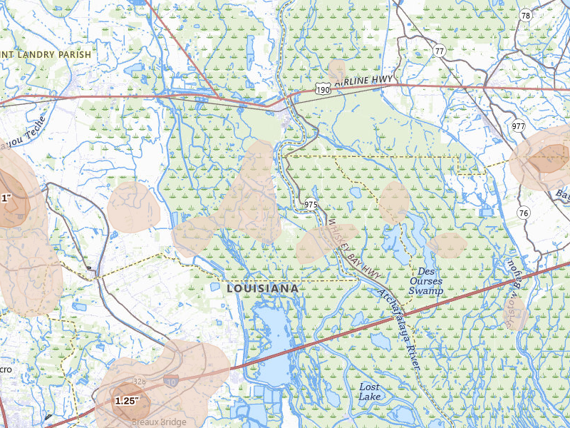 Radar-estimated hail-size map of the storm over Krotz Springs, LA on Aug 21, 2026