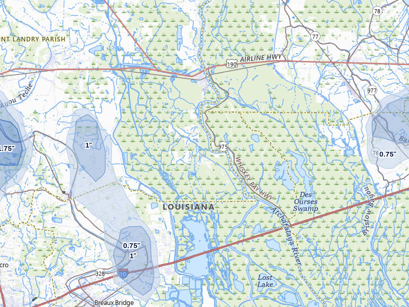NEXRAD radar-signature map of the hail storm over Krotz Springs, LA on Aug 21, 2026