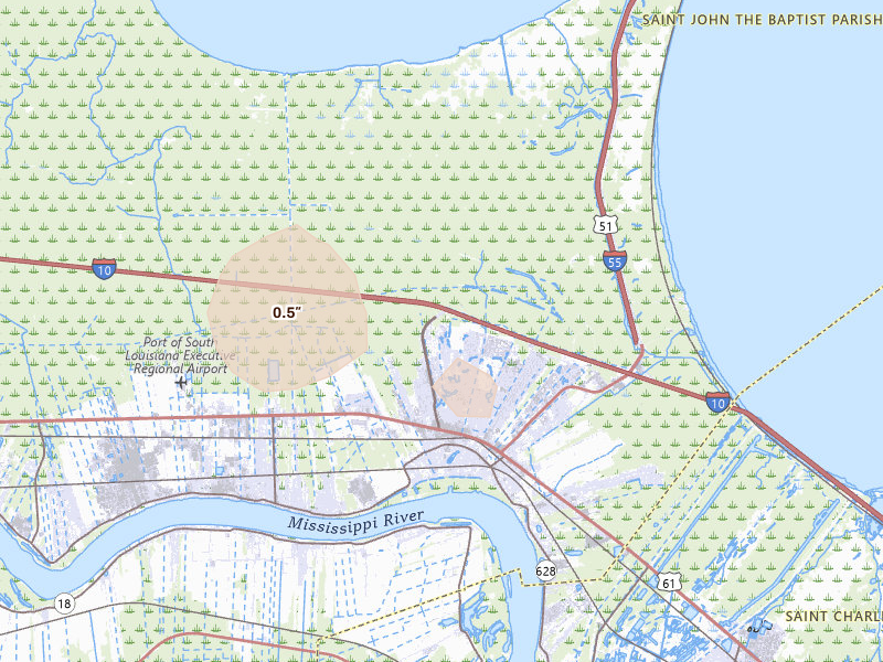 Radar-estimated hail-size map of the storm over La Place, LA on Jul 5, 2026
