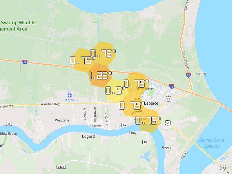 Hail map of La Place, LA on Jul 5, 2026, hail up to 1.25"