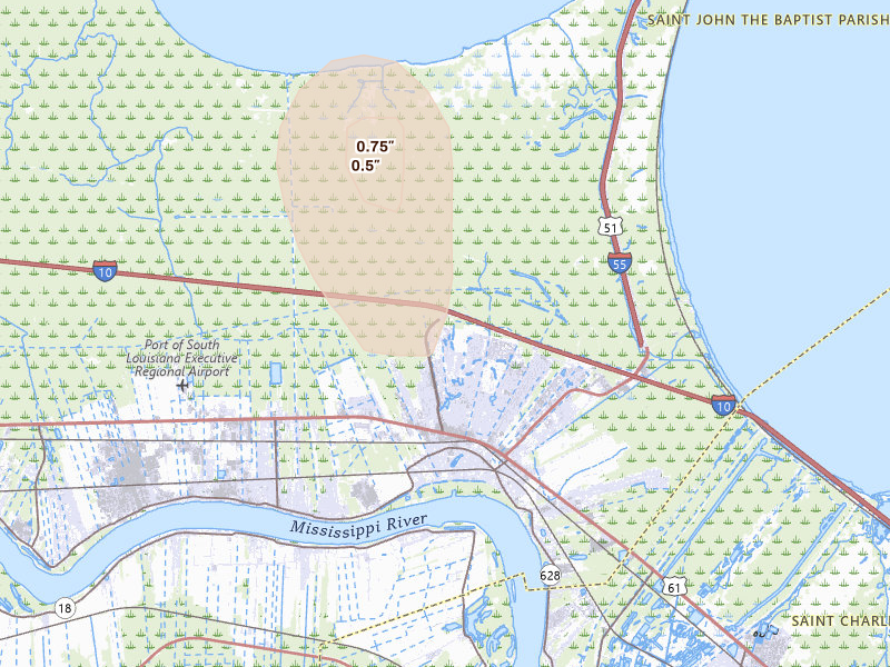 Radar-estimated hail-size map of the storm over La Place, LA on Aug 6, 2026