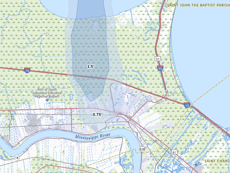 NEXRAD radar-signature map of the hail storm over La Place, LA on Aug 6, 2026
