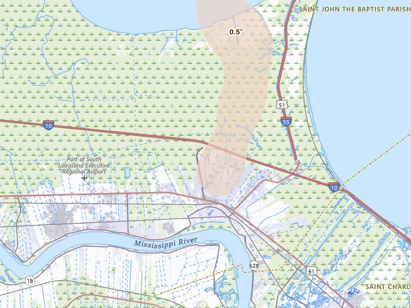 Radar-estimated hail-size map of the storm over La Place, LA on Aug 21, 2026