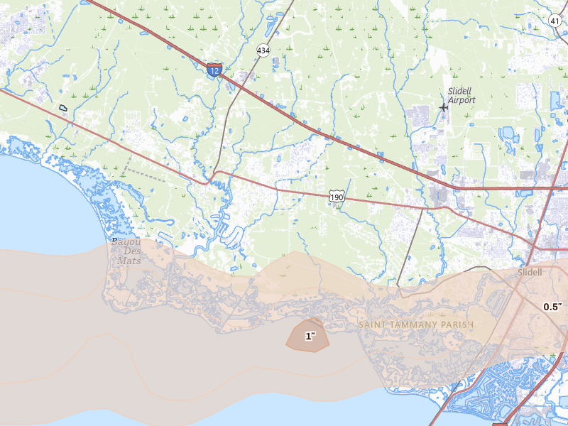 Radar-estimated hail-size map of the storm over Lacombe, LA on Mar 15, 2026