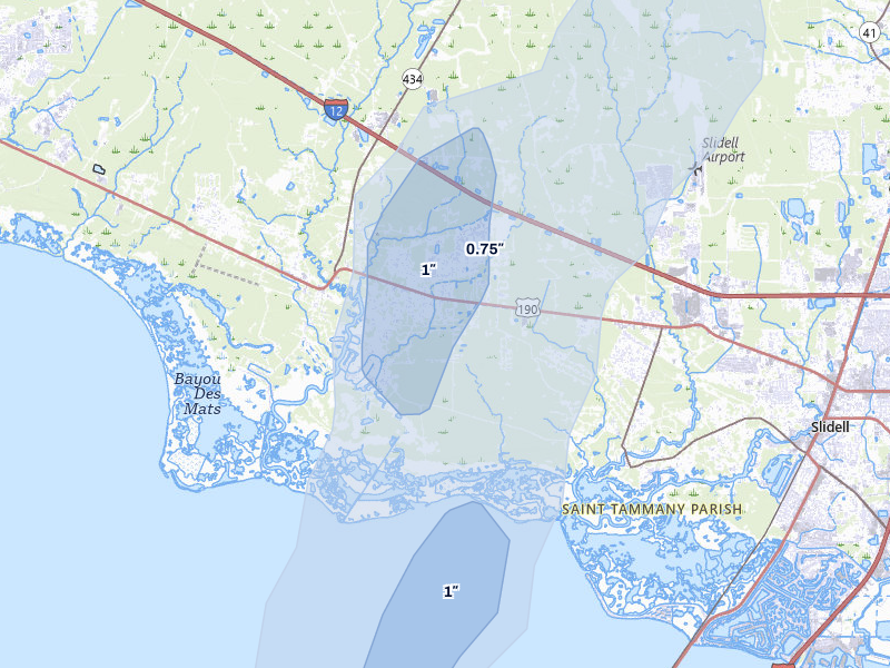 NEXRAD radar-signature map of the hail storm over Lacombe, LA on Jul 6, 2026