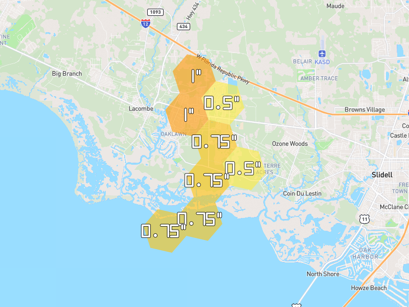 Hail map of Lacombe, LA on Jul 7, 2026, hail up to 1"