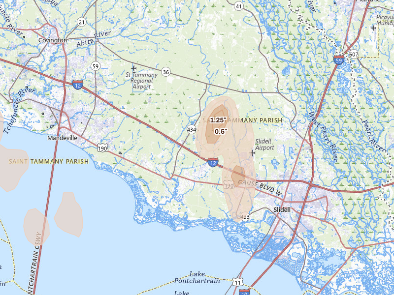 Radar-estimated hail-size map of the storm over Lacombe, LA on Aug 25, 2026