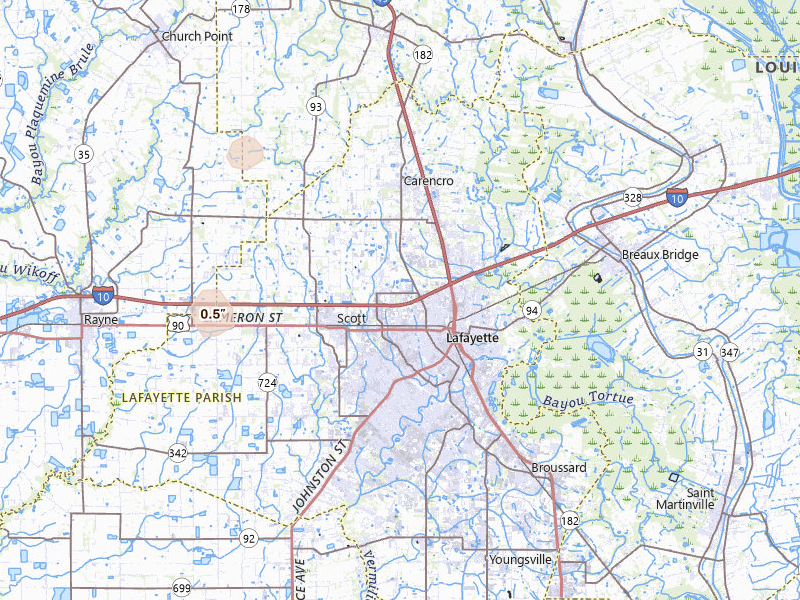 Radar-estimated hail-size map of the storm over Lafayette, LA on Jul 1, 2026