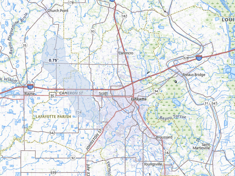 NEXRAD radar-signature map of the hail storm over Lafayette, LA on Jul 1, 2026