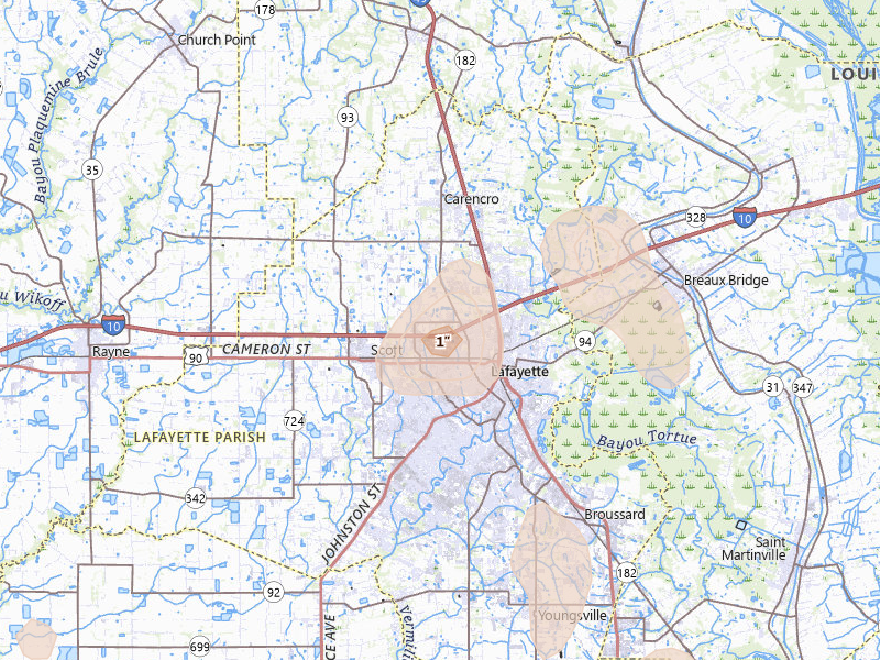 Radar-estimated hail-size map of the storm over Lafayette, LA on Jul 5, 2026