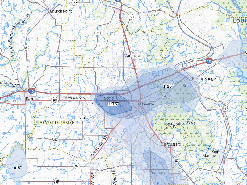 NEXRAD radar-signature map of the hail storm over Lafayette, LA on Jul 5, 2026
