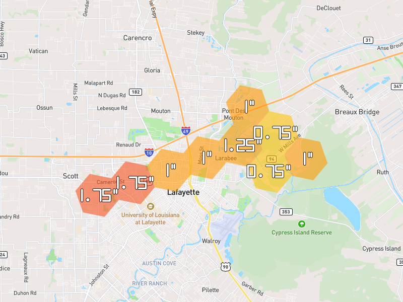 Hail map of Lafayette, LA on Jul 5, 2026, hail up to 1.75"