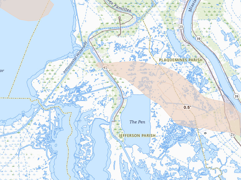 Radar-estimated hail-size map of the storm over Lafitte, LA on Apr 30, 2026