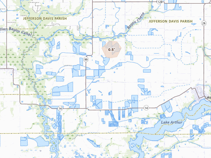 Radar-estimated hail-size map of the storm over Lake Arthur, LA on May 10, 2026