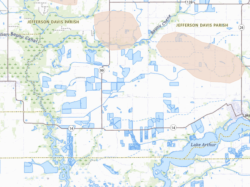 Radar-estimated hail-size map of the storm over Lake Arthur, LA on Jul 5, 2026