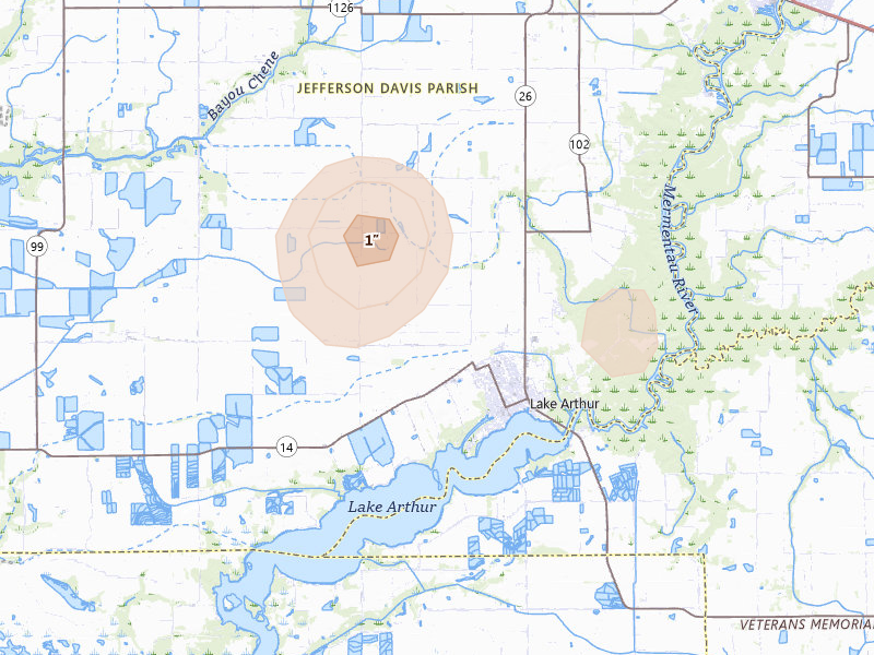 Radar-estimated hail-size map of the storm over Lake Arthur, LA