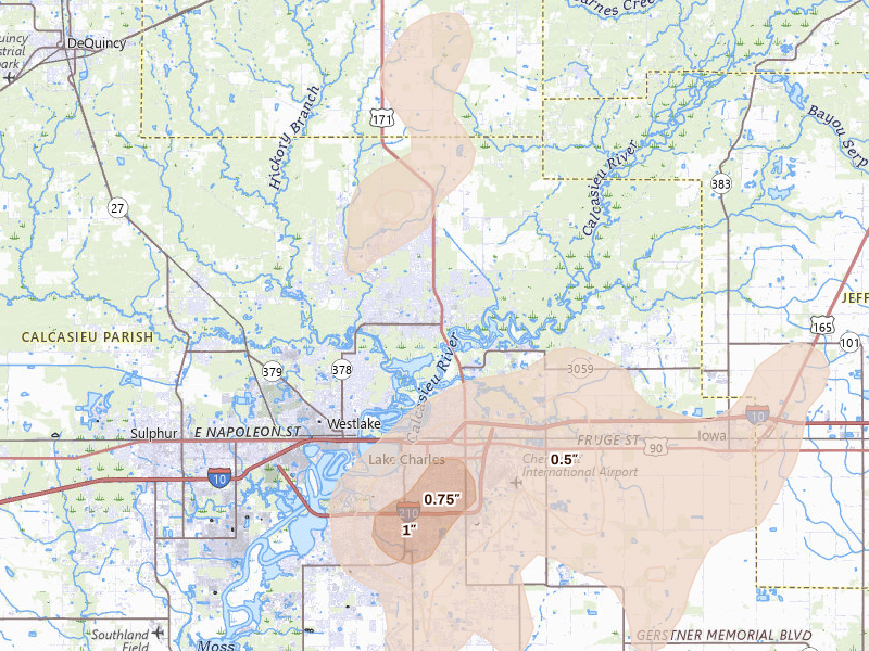 Radar-estimated hail-size map of the storm over Lake Charles, LA on May 23, 2026
