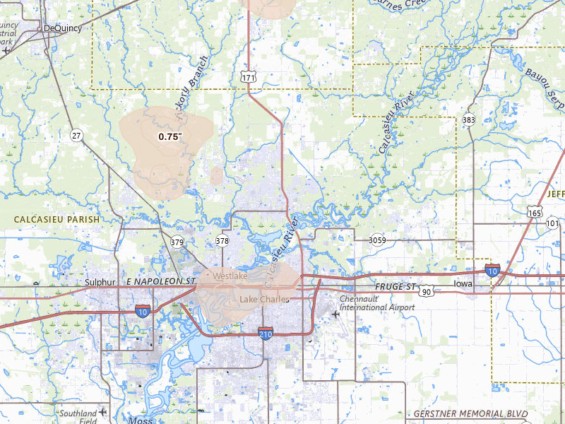 Radar-estimated hail-size map of the storm over Lake Charles, LA on Jul 1, 2026