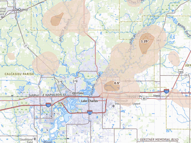 Radar-estimated hail-size map of the storm over Lake Charles, LA on Jul 5, 2026